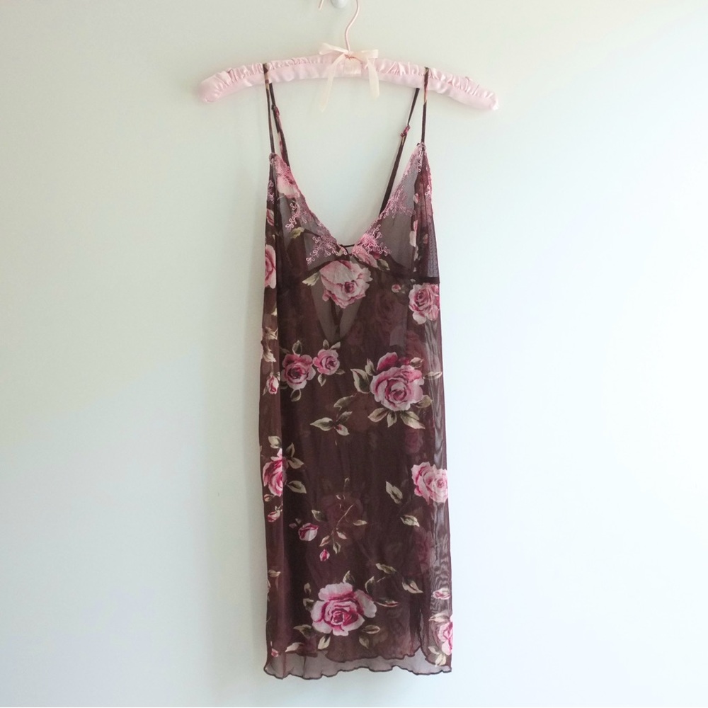 Sheer Rose Print Embroidered Slip Dress